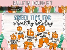 💻 THIS IS A DIGITAL DOWNLOAD 💻  ❤️ Please follow steps in last photo to download your items. I am unable to email copies to individual emails ♥️  Sweet Tips for a Healthy Holiday Bulletin Board Kit 🍬🎄 Encourage your students to stay healthy during the holiday season with this adorable "Sweet Tips for a Healthy Holiday" bulletin board kit! Featuring cheerful gingerbread characters holding healthy reminders, this set is perfect for promoting wellness in a festive and engaging way. What's Included: ✔️ 20 Pre-Written Health Tips: These tips are designed to remind students of simple yet effective ways to stay healthy: Eat healthy snacks Drink water regularly Get enough sleep Avoid skipping meals Be thankful every day Eat fruit and vegetables Take regular breaks Limit sugary drinks Stay home Christmas Health Bulletin Boards, School Nurse Door Decoration Christmas, Health And Wellness Bulletin Boards, Healthy Habits Bulletin Board, Office Door Christmas, Healthy Reminders, Gingerbread Characters