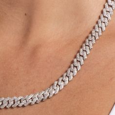 Introducing our 8.5mm Diamond Prong Cuban Necklace, a white gold plated necklace featuring prong links covered in clear stones connecting the full piece. This chain is the perfect size, the middle ground between micro prong and the larger 12mm prong necklace. Paired with the classic 8.5mm Prong Link Bracelet, they make a fabulous fashion set for nights out. This product is guaranteed for life - GLD will repair the item should you experience any defects in craftsmanship or breakage. Specification Cuban Necklace, Customizable Jewelry, Colored Gems, Clear Stone, Fabulous Fashion, Gold Plated Necklace, Gold Plated Chains, Gold Design, Cz Stone