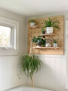 a bathroom with plants on the wall and a bathtub in the corner, next to a window