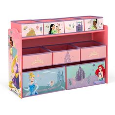 a pink toy chest with princess pictures on it's sides and drawers in the front