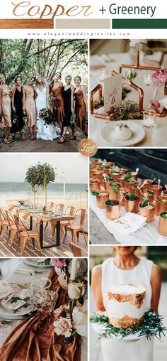 a collage of photos showing different types of wedding decorations and flowers, with text overlay that reads copper + greenery