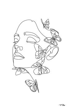 a drawing of a woman's face with butterflies on it