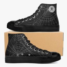 construction with EVA padded insoles, metal eyelets and a lace-up closure for a classic look. Fantastic Print finish, super comfortable. 🕷️ Wear-resistant rubber soles for black 🕷️ high top canvas shoes 🕷️ Canvas and PU upper material with EVA padded insoles 🕷️ completed with 8 eyelets and lace up  🕷️closure for a classic look 🕷️ Suitable for both men and women 🕷️ Manufacturing Time: 2-6 working days Spider Webs On Converse, Converse Spider Web, Spiderwebs On Converse, Spider Web Shoes, Spider Web Shoes Converse, Cobweb Shoe, Shoes Black And White, Tie Sneakers, Shoes Canvas