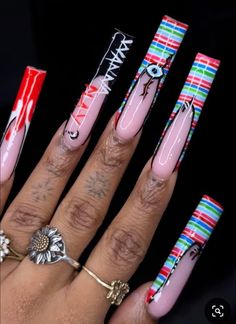 Halloween Nail Designs Long Nails, Childs Play Nails, Chucky Themed Nails, Chuckie Nails, Jigsaw Nails Halloween, Chucky Halloween Nails, Halloween Nails Chucky, Chucky And Tiffany Nails, Halloween Sets Nails