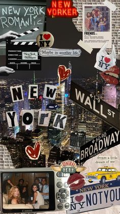 a collage of photos and stickers in the shape of new york city, ny