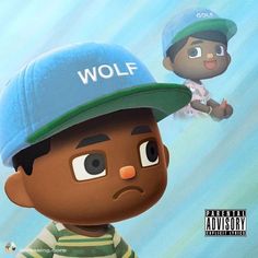 a cartoon character wearing a blue hat with the word wolf on it's side