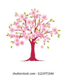 a tree with pink flowers and green leaves is shown in the center of this image