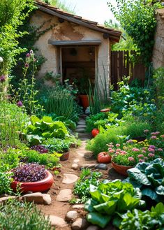 a garden filled with lots of different types of flowers and plants next to a building