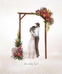 a watercolor painting of a bride and groom kissing under an arch with flowers on it