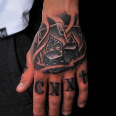 a man's hand with tattoos on it and the word cx tattooed on it