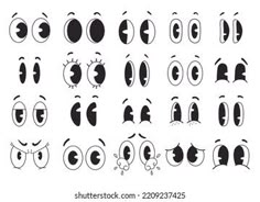 cartoon eyes with different shapes and sizes, all drawn in black on a white background