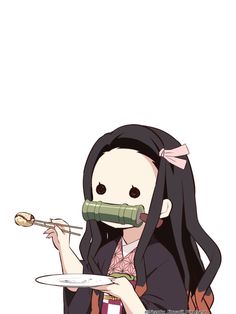 an anime character holding a plate with chopsticks in her hand and looking at the camera