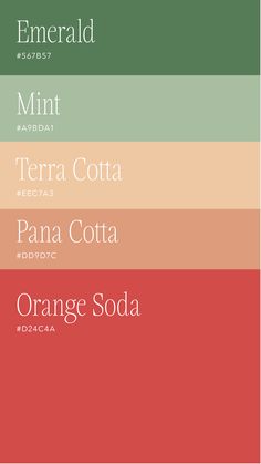 the color scheme for emerald, terra cota, orange soda and peppermint