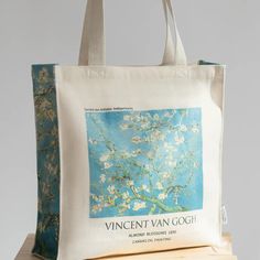 Van Gogh "Almond" Thick Canvas Tote Bag | The Tote Library Artistic Tote Bags For Spring, Artistic Spring Tote Bag, Artistic Bags For Everyday Use In Spring, Artistic Tote Bag For School, Van Gogh Almond Blossom, Travel Noire, Iconic Artwork, Stylish Tote Bag, Almond Blossom