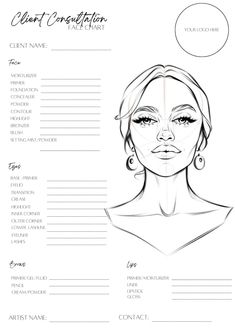 This make-up face chart has been designed for all pro make-up artists and beauty enthusiasts who would like to use them for clients when booked for a bridal make-up trial or prepping/designing for an upcoming event or merely just to practice on. This product is a digital product which is printable and can be edited on Canva where you can make it your own: - Add your company logo - Play around with colours - Play around with different fonts Blank Face Chart, Artist Career, Paper Makeup, Blank Face, Face Charts, Face Template, Makeup Books, Makeup Face Charts, Makeup Class