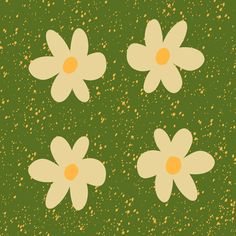 three white flowers with yellow centers on a green background that looks like speckles