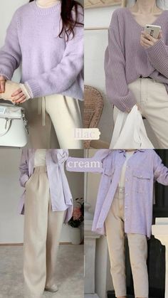 Purple Cream Outfit, Lilac And Cream Outfit, Lilac And Beige Outfit, Dusty Rose Outfit Color Combos, White Color Combinations Outfit, Lilac Aesthetic Outfit, Beige And Purple Outfit, Cream Color Pants Outfit, Purple Matching Colors Outfit