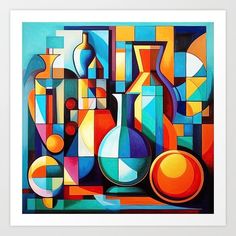 an abstract painting with geometric shapes and colors on the subject, including vases and balls