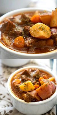 two pictures of beef stew with potatoes and carrots