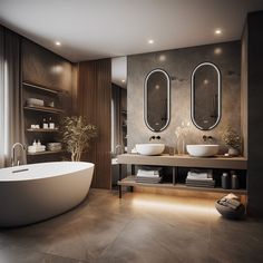 a bathroom with two sinks and a bathtub in the middle, surrounded by mirrors