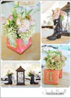 four different pictures with flowers and boots on the floor, one is in a box