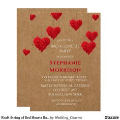 a brown paper bag with red hearts hanging from it's sides and the words bachelorette party in front