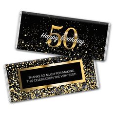 a black and gold 50th birthday candy bar with the number 50 on it's side