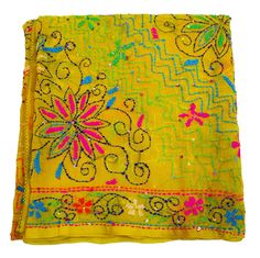 "Item Description This beautiful Vintage Indian Kantha Embroidered Dupatta, Georgette Fabric Women Stole, Traditional Ethnic Scarf Neck Wrap Wedding Party wear Dupatta phulkari dupatta on handloom Shefon fabric has been hand embroidered with wool thread and sequins. A graceful and stunning accessory . Phulkari which literally means Flower work is a most beautiful embroidery work from Punjab. Phulkari embroidery involves designs in floral motifs done in very bright colours. Condition : Used Fabric : Georgette Size & Measure (Approx) Length - 90 \" Inches (Approx) Width- \"40\" Inches (Approx) Color : Green These are vintage dupatta not new so cannot be expected to be in perfect condition little bet stains. Exclusively handcrafted in its country of origin, India, by the people of rural India Yellow Embroidered Fabric For Festivals, Diwali Party Yellow Embroidered Fabric, Yellow Bollywood Embroidered Fabric For Party, Yellow Embroidered Fabric With Dori Work For Festivals, Yellow Embroidered Fabric With Zari Work For Party, Handwork Multicolor Embroidery Saree For Festivals, Bohemian Embroidered Fitted Saree, Fitted Bohemian Saree With Embroidery, Fitted Bohemian Embroidered Saree