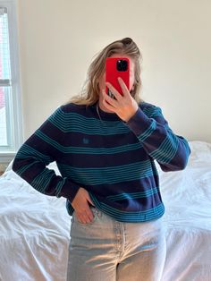 MEASUREMENTS AND ALL AVAILABLE SIZING INFO ARE LISTED FOR EVERY ITEM. Please read this section in detail and reach out with any additional questions :) DESCRIPTION: Preloved Chaps crewneck sweater in beautiful stripes, teal and navy blue. This beauty features the Chaps logo in teal and lovely rib detailing along the hem, collar and sleeve ends. This Chaps sweater is soft and comfy with no noticed physical marks just some light fabric fade due to prelove wear. Tag reads Chaps- size M (men's) - 100% cotton.  Recommended for sizes xs-l depending on desired fit. Model is a size medium/large. Approximate flat lay measurements are as follows:  17" shoulder to shoulder  21" underarm to underarm  27"  top of shoulder shoulder to hemline PLEASE NOTE: There is always a possibility of minor flaws in Sweater Oversize, Blue Sweaters, Blue Stripes, Crew Neck Sweater, Sweater Outfits, Light Fabric, Navy Blue, Favorite Outfit, Vintage Outfits