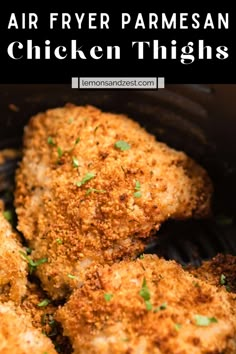 air fryer parmesan chicken thighs in a cast iron skillet with text overlay