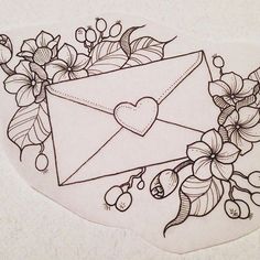 an envelope with a heart on it surrounded by flowers and leaves is drawn in black ink