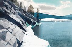 watercolor painting of snow and ice on the edge of a lake