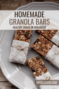 homemade granola bars on a plate with text overlay that reads healthy snack or breakfast