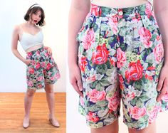 "This is a sweet 90s vintage pair of floral cotton Bermuda shorts by GAP! They were made in Japan and are light, smooth, crisp cotton in an old-timey floral print of green, pink, navy, purple and white cabbage roses. They have a high waist, a 1.5 inch waistband with five belt loops, two roomy angled front pockets, no rear pockets. They close with a hidden nylon front zipper fly and a white pearl button. These vintage shorts are in fair to good cleaned condition, freshly laundered, with three sma White Cabbage, Vintage Bustier, Nice Rompers, High Waisted Floral Shorts, Bustier Lingerie, Womens High Waisted Shorts, Dress And Jacket Set, Cabbage Rose, Vintage Clothes Women