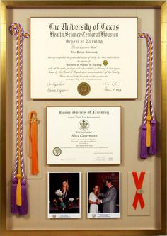 a framed diploma and other items are on display in a gold frame with purple tassels