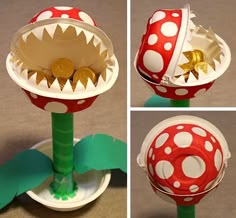 three pictures of different types of toys including a toy mushroom with gold coins in its mouth