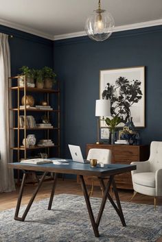 home office decor, bedroom office design, bedroom workspace, workspace design Office With Blue Accents, Home Office Panel Wall, Home Study Inspiration, Home Office Dark Blue, Gray Blue Office, Office Ideas Blue, Dark Blue Office Ideas, Teal Office Walls