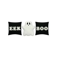 two black and white pillows that say geek booo with a ghost in the middle