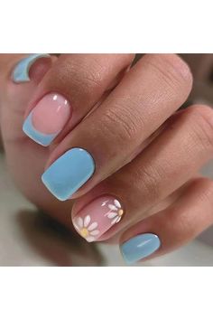 Press on Nails Square Short Fake Nails with Daisy Flower Designs Blue French Tip Nails Press ons Glossy Glue on Nails Nude Full Cover Artificial Stick on Nails for Women 24Pcs, #AD, ##Pcs, #Ad, #Nails, #Square, #Short Nail Designs With Accent Nail, Square Daisy Nails, Blue Back To School Nails, Manicure With Flower Design, Blue French Nail Designs, Gel Nails Flowers, Nails With Daisy Flower, Short Nail Designs Blue, Cyprus Nails