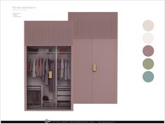 an open closet with clothes hanging on the door and several different color swatches to choose from