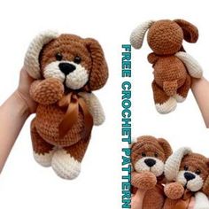 there is a small stuffed dog that has been crocheted in brown and white