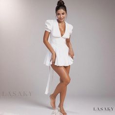 Lasaky - Chic Puff Sleeve Mini Party Dress with Oversized Collar, V Neck and Bow Tie Back Detail Summer Party Bubble Dress With Puff Sleeves, Summer Party Pleated Puff Sleeve Dress, Mini Party Dress, Oversized Collar, Mini Party, Home Dress, Satin Slip, Satin Slip Dress, Puffed Sleeves Dress