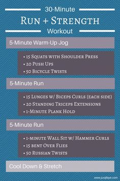 the 30 - minute run and strength workout plan for beginners is shown in this image