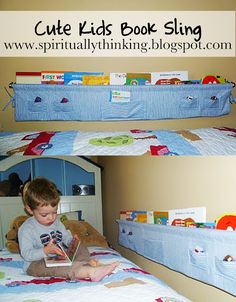 two pictures of a little boy sitting on his bed reading a book with the caption cute kids book sling