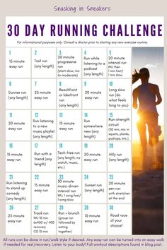 the 30 day running challenge is shown with an image of a woman jogging in the sun