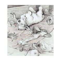 a pencil drawing of a dog laying on the ground with his head down and other dogs around him