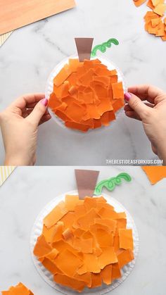 the paper plate pumpkin is cut into pieces and placed on top of the paper plate