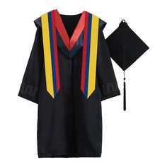 a black graduation gown and cap with red, yellow, blue, and green tassels