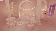 a teddy bear is sitting in the middle of a room with white furniture and pink walls