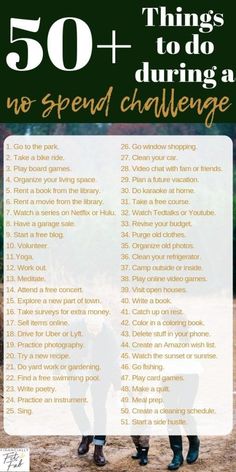 two people standing next to each other with the words 50 things to do during a no spend challenge